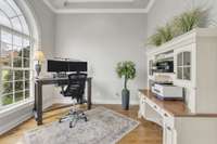 Beautiful home office with coffered ceiling