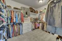 Primary closet with custom drawers and shelving.