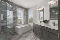 Modern master bath with his and her sinks.