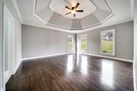 Master located on the first floor, tray ceiling with ceiling fan and master bath