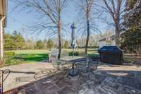 Stone patio features a canopy of shade in spring and summer