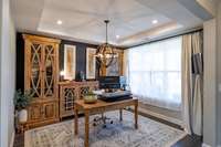 This beautiful room is a formal dining room that is being used as an office. It has a nice trey ceiling a lots of light.