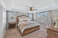 This beautiful master bedroom has an en suite, trey ceiling and lots of lighting.