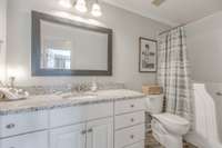 Downstairs guest bath with granite countertop.