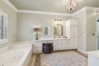 Large primary bath with separate tub and shower. Two vanities