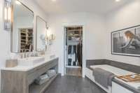 Master bathroom with Restoration Hardware vanity