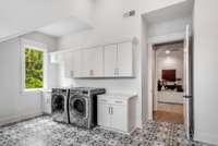 2nd floor main laundry room with task desk, cabinets and countertops