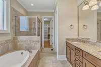 Luxurious Owner Suite with Soaker Tub, Two sinks, separate Shower, and Large Walk in Closet with Custom Closet design.