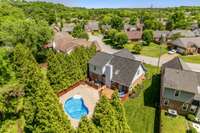 Arial of this private, quiet oasis backyard.