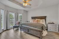 Enter the Primary Suite - top reasons to love - main level, tray ceilings, bay window for dimensions and new plank flooring