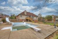 Multiple backyard entertaining areas - the pool deck, the covered area, or even the new back deck!  Unaltered image -New pool liner, pump, sand filter and more will be installed May 2024.