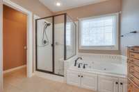 Primary bathroom with oversized shower, soaking tub, double vanities, potty room, and access to the primary closet.