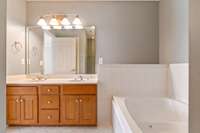 Primary bathroom suite with soaking tub, walk-in shower, double vanities.