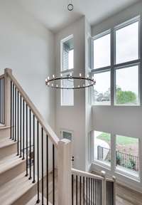 This shot shows the black iron stair rail, chandelier, and outside front porch railing.