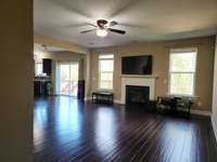 Living room with fire place and surround sound system