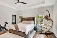 Coffered ceiling in apartment bedroom.