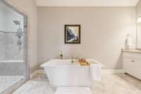 Primary bathroom - Carrara marble floors and shower