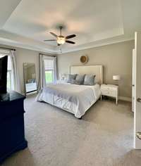 Master Bedroom has trey ceiling, carpet, ceiling fan lots of natural light