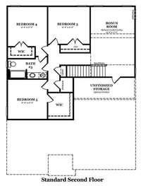 Standard Second floor with three bedrooms, bonus room, & unfinished storage.