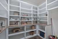 The brightly-lit pantry provides more than enough storage room for dry goods, formal chinaware, outdoor dining supplies, & more. Note the granite countertops along three walls, a match to those installed in the kitchen.