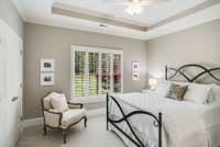 Secondary bedroom one with tray ceiling and ceiling fan, overlooking the back yard.