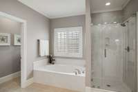 Frameless glass shower solid surface surround and large soaking tub.