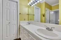 Primary bath has double vanity, separate commode . There are 2 large walk-in closets in addition to a linen closet.