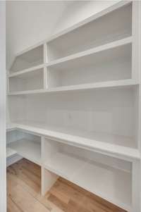Large pantry off of the dining area with custom built in shelving.