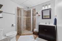 Full size bath in basement provides practicality to the home and functionality.