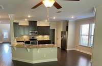 This photo was taken from the back of the home - the Front door is in the left of this frame, kitchen, pantry and opening to laundry area.  Back door to covered patio is to the right of the windows.