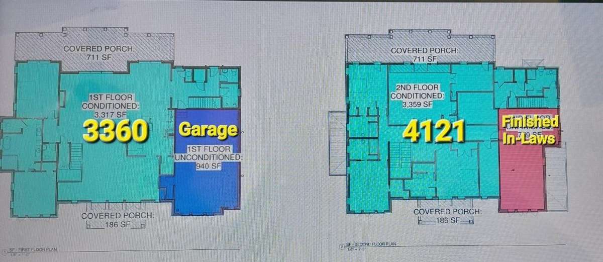 Approx. 7500 SF of heated Living Area on two Levels
Approx.  1800 SF. of Covered Porches with 24'x24' Tile Pavers & 28 Permacast Columns.
Garage    960 SF-             Total Buildout Under Roof=  10,235  SF.