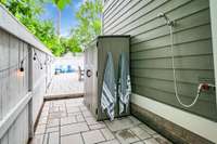 Super convenient outdoor shower (which doubles as a great doggie shower)!