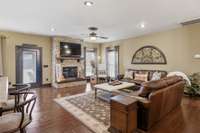 Expansive open living area with electric fireplace