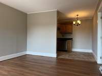 Dining area of tiled kitchen.