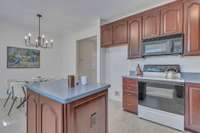 Corian counter tops. Cherry cabinets. Newer stove and microwave and dishwasher. New light fixture.