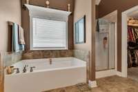 Another view of the primary bathroom with large soaking tub, walk-in shower and large walk-in closet