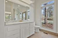 Master bath has dual vanities separated by shower. Hard to discern from pictures but very usable, large space.