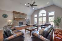 High ceilings and spacious windows overlooking the deck.