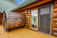 The barrel sauna just off the primary bedroom suite.