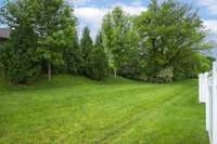 Gate in the fence leads to grassy common area behind the yard.