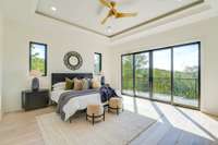 Primary suite with sunset views. Feel like your in the tree tops. Cove ceiling with LED backlighting.