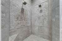 Beautiful ceramic tile shower with dual shower heads.