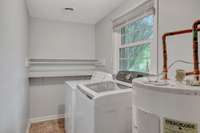 6 x 11 utility/laundry room with shelving &. window for natural light! The washer & dryer remain Laundry room does have vinyl flooring