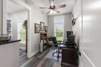 The home office and opening into the oversized pantry.