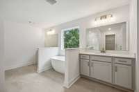 White quartz counters and beautiful free-standing tub