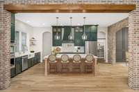 Virtually staged photo of the kitchen area with bar stools.