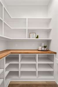 This custom pantry is great for storing all of your extras with tons of space for appliances & adjustable shelving for large and small items.