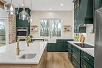 A side view of the kitchen focusing in on the classy tiled wall with the exposed white oak open shelving.