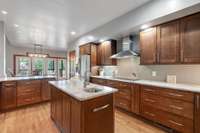 Kitchen will large island, sitting bar, induction cooktop & beautiful marble counters