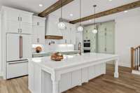 Don't you love the matte white GE Luxury Cafe appliances in this kitchen with copper hardware?